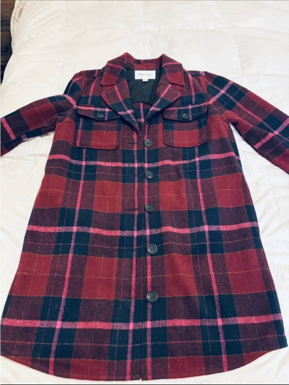 Tribal Red, Black & Pink Plaid Long Peacoat